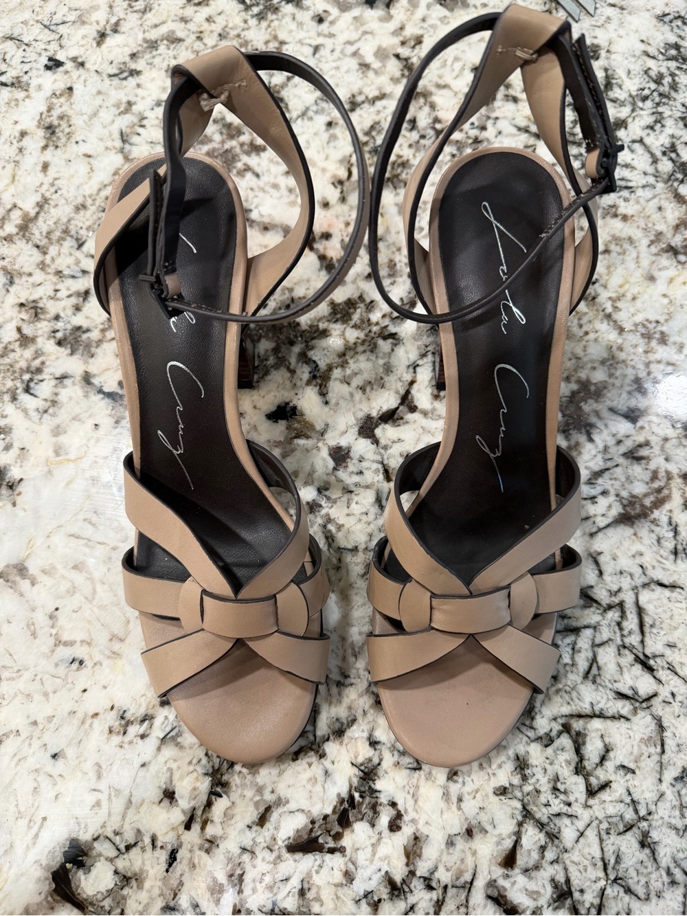Lola Cruz Leather Grey/Beige/Tan Strappy Sandals with Ankle Strap